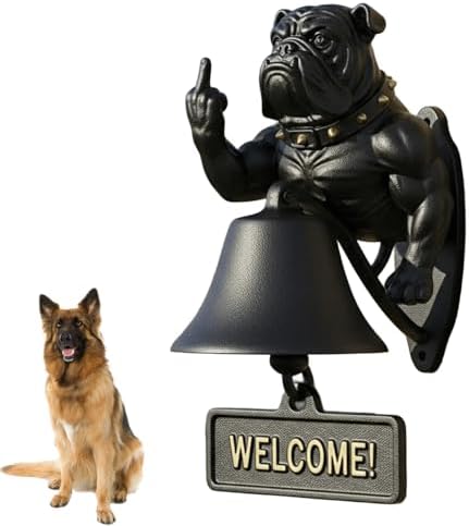 Cast Iron Muscle Dog Welcome Doorbell, Funny Bulldog Doorbell, Dog Middle Finger Decor Dinner Bell, Retro Metal Outdoor Dachshund Hanging Door Bell for Yard Garden by Unknown