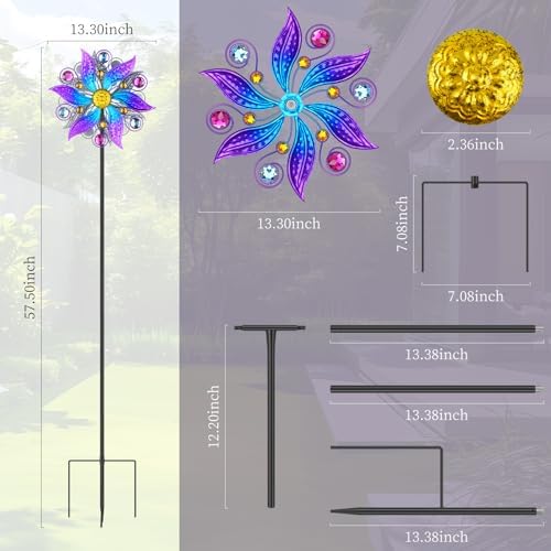 Violet Metal Wind Spinner Outdoor, Kinetic Yard Art with Stake - Image 4
