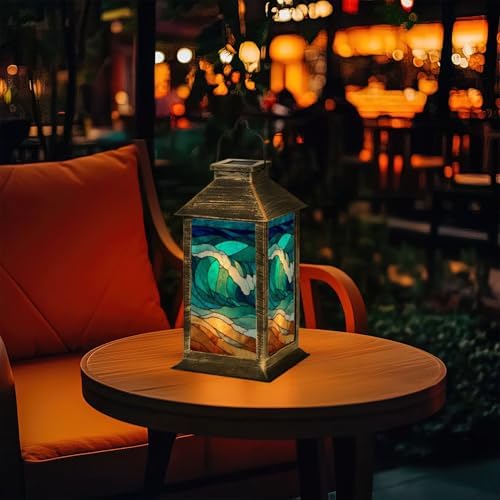 Solar Lantern Intricate Stained Glass Window Beach Waves Sunset Amber Glow Outdoor Waterproof Garden Hanging Lantern Solar Powered Lighting Outside Table Lamp for Patio Deck Camping 1 Pack - Image 7