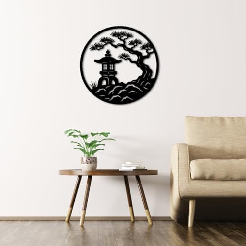 Japanese Garden Pagoda Scene Metal Wall Art Metal Outdoor Decor Metal Signs Minimalist Aesthetic Elegant Wall Decor Home Decoration for Living Room Bedroom Zen Style Centerpiece (Black,16inch) - Image 4