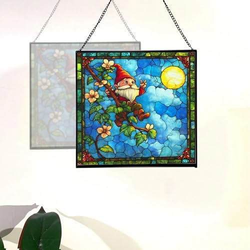 Glowing Vine Gnome Stained Glass Suncatcher – Square Hanging Window Panel for Home or Greenhouse – Whimsical Glass Art Gift for Garden Lovers, Christmas, Halloween, Father Days nPLiIr - Image 4
