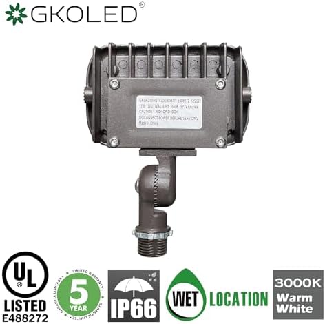 GKOLED 15W Outdoor LED Flood Security Lights, Waterproof Landscape Lighting, 50W PSMH Equivalent, 1370 Lumens, 3000K Warm White, 120-277V, 1/2" Knuckle Mount, Compact Size, UL-Listed - Image 6