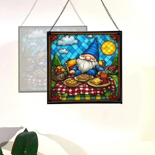 Baking Gnome Picnic Stained Glass Suncatcher – Square Hanging Window Panel for Home or Greenhouse – Whimsical Glass Art Gift for Garden Lovers, Christmas, Halloween, Father Days VW9vGA - Image 4