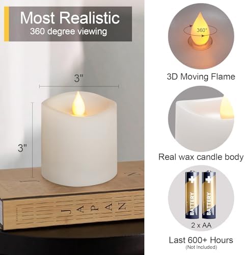 Flickering Flameless LED Candles Battery Operated Candle 2AA 600 Hours White 3x3 inch Set of 3 Real Wax Pillar Candles with Remote and Timer Halloween Christmas Holiday and Wedding - Image 2