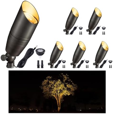 Gardenreet Low Voltage Spot Lights - Solid Brass Landscape Spotlight Wired, 12V Outdoor LED Bullet Uplights, Waterproof Electric Bronze for Patio Wall with 2700K Warm White MR16 Bulb (6 Pack) by Gardenreet