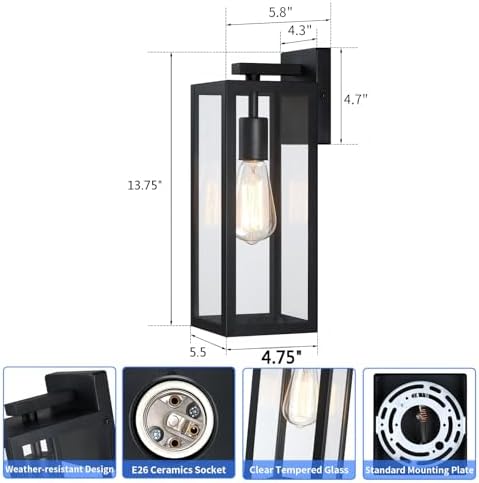 Modern Outdoor Wall Lantern, Weatherproof Exterior Porch Light, Matte Black Light Fixture with Clear Glass, Single E26 Socket Outdoor Wall Sconce for Patio, Front Door, House Decor - Image 3