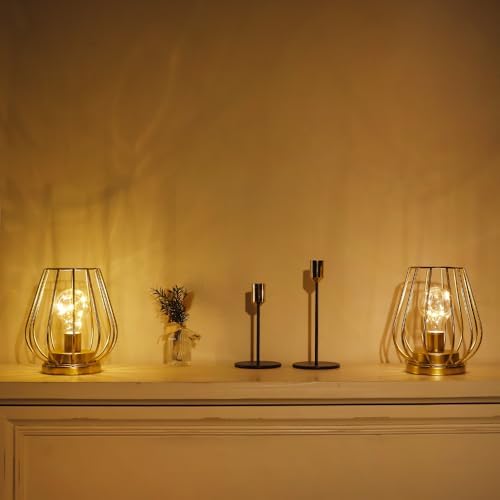 TRIROCKS Set of 4 Metal Battery Operated Lamp 7'' Tall Mini Cage Shape Cordless Table Lamp Battery Lanterns with Warm Fairy Lights Bulb for Patio Garden Wedding Parties Indoor Outdoor(Gold) - Image 7