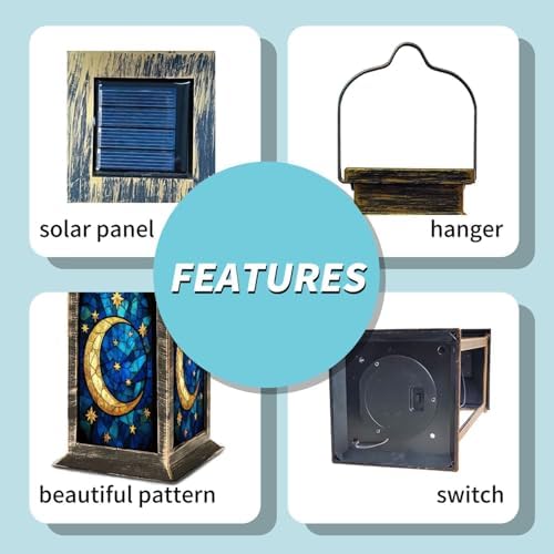 Solar Lantern Moon Stars Stained Glass Window Shades Blue Gold Outdoor Waterproof Garden Hanging Lantern Solar Powered Lighting Outside Table Lamp for Patio Deck Camping 1 Pack - Image 4