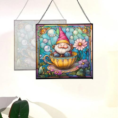 Gnome in a Teacup Stained Glass Suncatcher – Square Hanging Window Panel for Home or Greenhouse – Whimsical Glass Art Gift for Garden Lovers, Christmas, Halloween, Father Days sxN2AW - Image 4