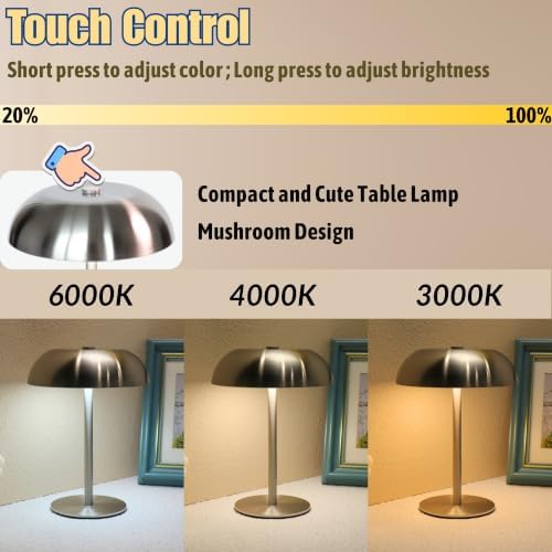 Cordless LED Mushroom Table Lamp, 5200mAh Battery, Dimmable 3 Color, Silver - Image 6