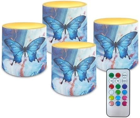 4 Pcs Flameless Votive Candles Battery Operated LED Pillar Candle Tealights Long Lasting with Remote Timer for Indoor Outdoor Coastal Home Decor Butterfly Marble Texture Blue by Unknown