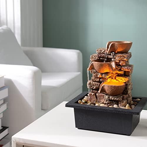 Haobos Indoor Tabletop Fountain 3-Tier Rockery Relaxation, Soothing Sound Home/Office/Bed Room Decor,Gifts for Mom/Grandma Relaxing Waterfall Meditation Tabletop Fountain LED Lights - Image 4