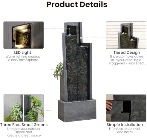 Sunlinua 49.6H Modern Outdoor Water Fountain with LED Light Garden - Image 6