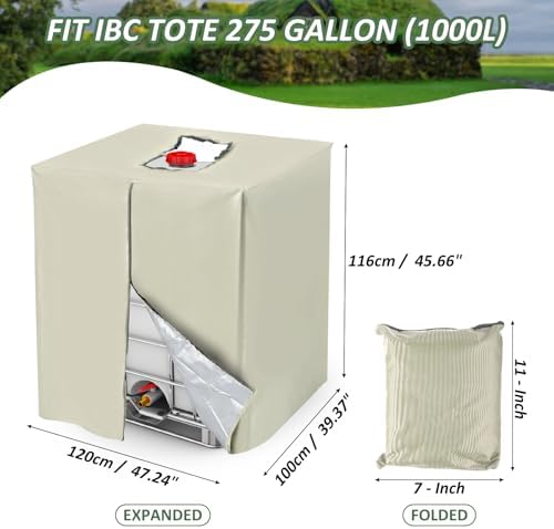 MECCANIXITY Zipper IBC Tote Cover 275 Gallon, 420D Heavy Oxford Waterproof Sunshade Rain Barrel Water Tank Protective Cover for 1000L Outdoor Garden, (39.37 x 47.24 x 45.66 Inch, Beige) - Image 2