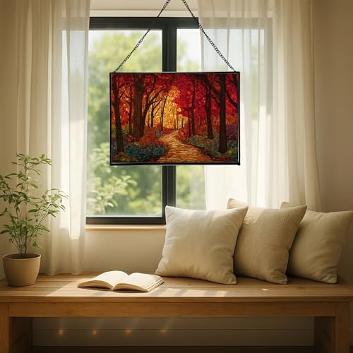 Path Through Glowing Autumn Forest Rectangular Stained Glass Suncatcher – Hanging Window Panel with Animal & Nature Scene – Vibrant Glass Art Gift for Wildlife, Fantasy, Nature Lovers 1GorZh - Image 7