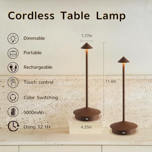 EJQ 2 Pack LED Rechargeable Cordless Table Lamps,Portable Outdoor 5000mAh Battery Operated Table Light Touch Control 3 Color Dimmable for Patio/Cofee/Restaurant/Camping/Dining/Bedroom-Brown - Image 2