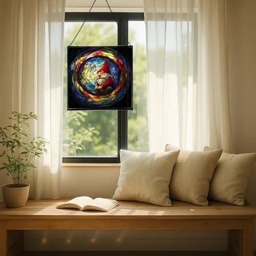Stained-Glass Window Gnome Stained Glass Suncatcher – Square Hanging Window Panel for Home or Greenhouse – Whimsical Glass Art Gift for Garden Lovers, Christmas, Halloween, Father Days a2bzSD - Image 7