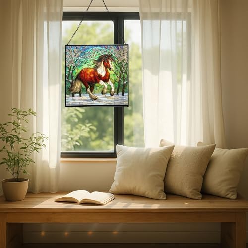 Brown White Icelandic Horse cantering through winter orchard Square Suncatcher–Stained Glass Style Window Panel with Pastoral Scene, Custom Decorative Hanging Art for Equestrian Home, Christmas anTV9F - Image 7