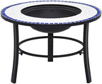 Mosaic Fire Pit Blue and White 26.8 Inch Ceramic Outdoor Fire Pit with Tabletop for Garden Patio Campfire, Steel Bowl Three-Leg Stand for Wood Logs Charcoal BBQ - Image 2
