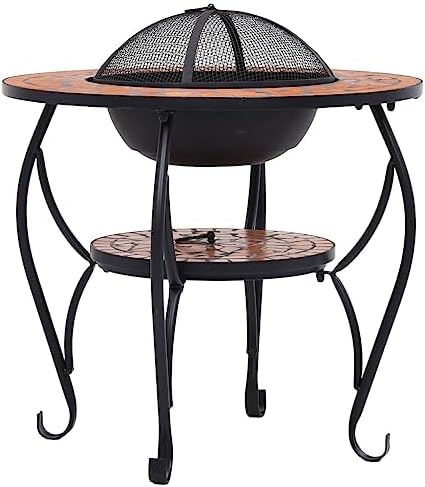 26.8 Inch Mosaic Fire Pit Table, Wood Burning Ceramic Patio Firepit with BBQ Grate and Mesh Cover, Round Steel Fire Bowl for Backyard and Garden, Terracotta - Image 5