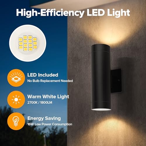 LUTEC Outdoor Wall Light Fixtures, Integrated LED Cylinder Up-Down Sconce, 16W 3000K Waterproof Aluminum Exterior Lighting, Modern Matte Black Wall Sconce Outdoor Lighting for Porch, Entryway, 4 Pack - Image 2