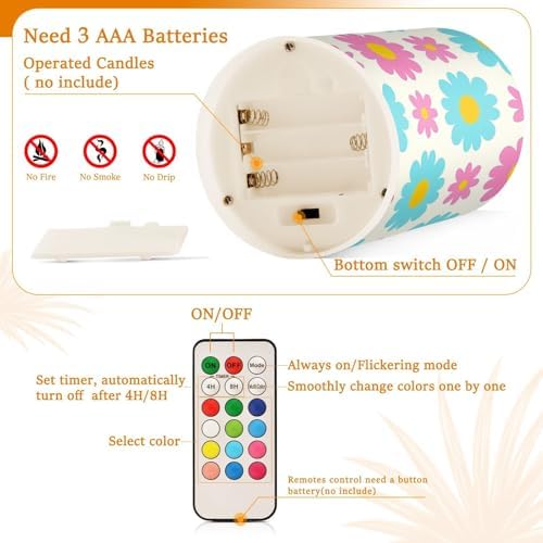 Lovely Daisy Floral Peach Blue Flameless Votive Candles with Remote Candles with Timer Waterproof Electronic Lights Flickering Led for Christmas Battery Operated Flickering 2-Piecing Set - Image 4