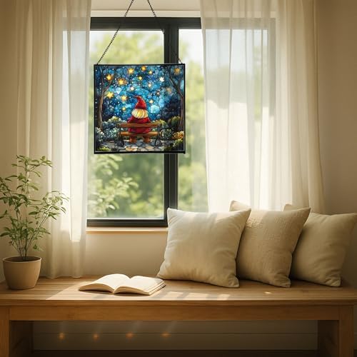 Gnome Stargazer Bench Stained Glass Suncatcher – Square Hanging Window Panel for Home or Greenhouse – Whimsical Glass Art Gift for Garden Lovers, Christmas, Halloween, Father Days lP3eNH - Image 7