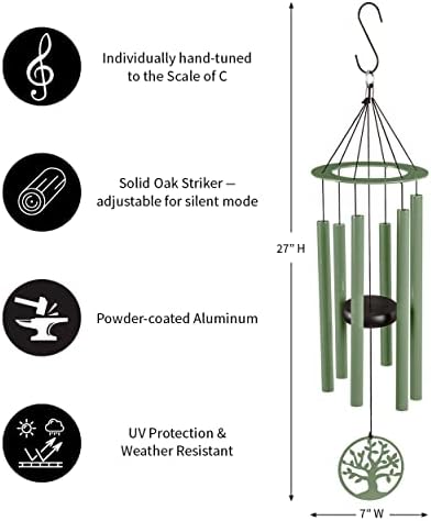 Evergreen Hand Tuned Tree of Life Wind Chime for Outside | Scale of C | Deep Tone | Powder-Coated Metal | Green | 27-Inches Tall | Memorial Gift for Home Garden Decoration - Image 2