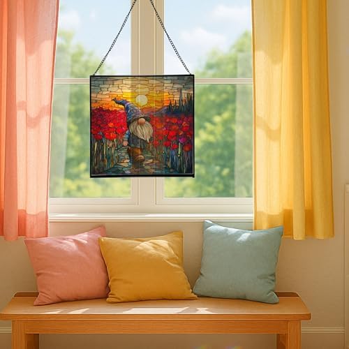 Gnome with Poppy Field Stained Glass Suncatcher – Square Hanging Window Panel for Home or Greenhouse – Whimsical Glass Art Gift for Garden Lovers, Christmas, Halloween, Father Days 6JfMPN - Image 5