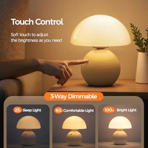 NIORSUN Mushroom Lamp Table Lamp for Bedroom, Portables Cordless Table Lamp,Wireless lamp,Small Bedside Table Touch Lamps for Living Room,Mini Mushroom 5200mAh Battery Operated Lamp Modern Cream - Image 3