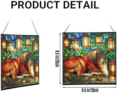 Bay Miniature Horse Curled Near Garden Lanterns Square Suncatcher – Stained Glass Style Window Panel with Pastoral Scene, Custom Decorative Hanging Art for Equestrian Home, Christmas GgGXzA - Image 2