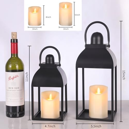 Lanterns Decorative Indoor 15" 11" Set of 2 Black Metal Lantern with Candle - Image 2