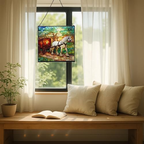 White Shire Horse Pulling Wagon at Twilight Square Suncatcher – Stained Glass Style Window Panel with Pastoral Scene, Custom Decorative Hanging Art for Equestrian Home, Christmas meyEOR - Image 7