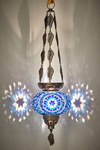 DEMMEX Turkish Moroccan Mosaic Hanging Candle Holder Decorative Lantern with Colorful Mosaic Glass Globe and Metal Leaf Chains, Handmade in Turkey, 24" H, Blue - Image 3