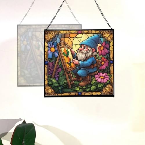 Painter Gnome at Work Stained Glass Suncatcher – Square Hanging Window Panel for Home or Greenhouse – Whimsical Glass Art Gift for Garden Lovers, Christmas, Halloween, Father Days 0m6gCB - Image 4