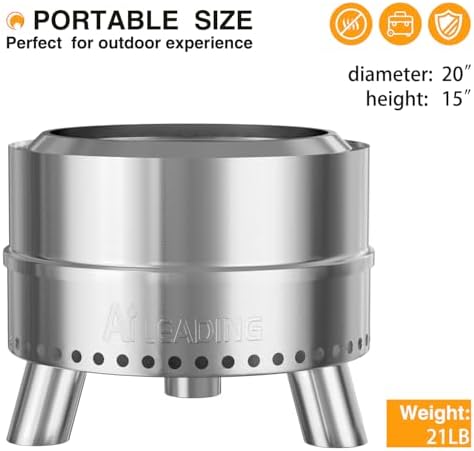 20 Inch Smokeless Fire Pit with Removable Ash Pan, Fire Pits for Outside Wood Burning, Portable Bonfire Outdoor Firepit, Bag & Poker Included, Stainless Steel (Silvery- with Legs-Fire Pit) - Image 2