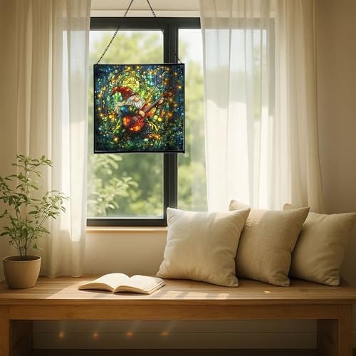 Stained-Glass Violin Gnome Stained Glass Suncatcher – Square Hanging Window Panel for Home or Greenhouse – Whimsical Glass Art Gift for Garden Lovers, Christmas, Halloween, Father Days TctXPF - Image 7