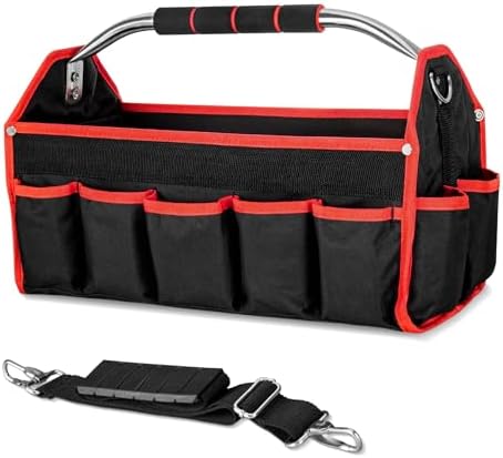 HAUTMEC 16" Foldable Tool Tote Bag, Open Top Tool Bag with Stiff Frame, 16-Pockets Electrician Tool Bag with Padded Steel Handle, Shoulder Strap & Water-Resistant Hard Base – TB0002 by HAUTMEC