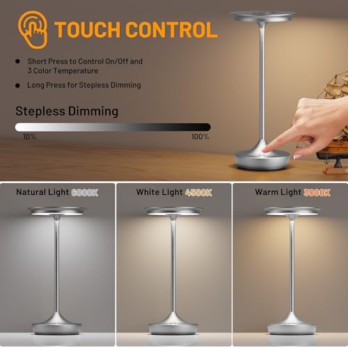 LED Rechargeable Cordless Outdoor 6000mAh Battery Table Lamp 2-Pack Silver - Image 2