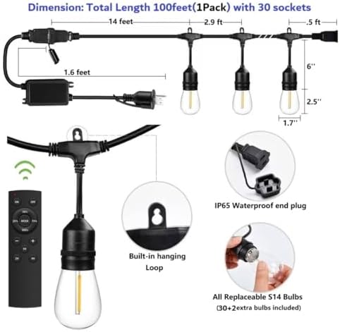 100FT Outdoor String Lights Remote Control Patio Lights Waterproof Commercial Grade, 30+2 Replaceable Dimmable Edison Bulbs, Black 1Pack, Linkable, Hooks and Zip Ties Included - Image 2