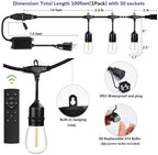 100FT Outdoor String Lights Remote Control Patio Lights Waterproof Commercial Grade, 30+2 Replaceable Dimmable Edison Bulbs, Black 1Pack, Linkable, Hooks and Zip Ties Included - Image 2