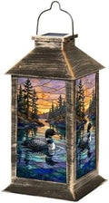 Solar Lantern Stained Glass Artwork Loon Lake Pine Trees Sunset Hunting Garden Hanging Lantern Waterproof Solar Powered Lighting Outdoor Table Lamp for Deck Yard Patios Trees Decor by Unknown