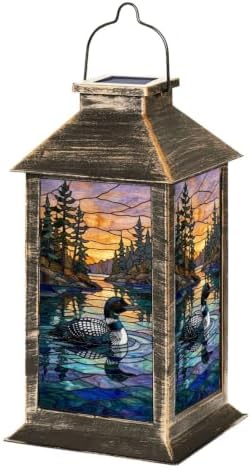 Solar Lantern Stained Glass Artwork Loon Lake Pine Trees Sunset Hunting Garden Hanging Lantern Waterproof Solar Powered Lighting Outdoor Table Lamp for Deck Yard Patios Trees Decor by Unknown