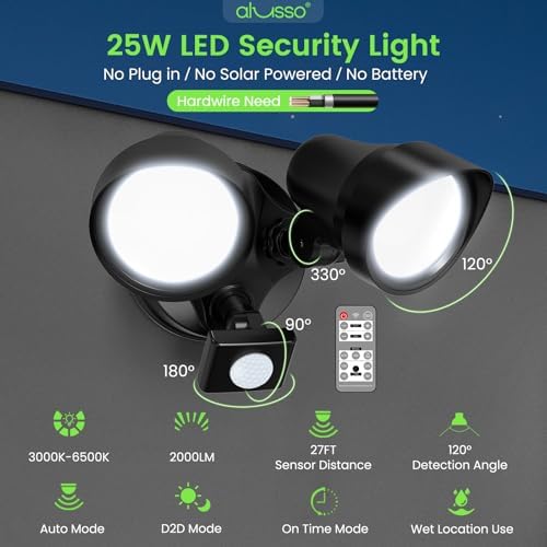 ALUSSO LED Security Lights Motion Sensor, 25W 2000LM Flood Lights Outdoor Motion Sensor with Remote 120V, Dimmable Brightness 3000K-6500K CCT IP65 Security Light ETL Listed for House Garage 1 Pack - Image 2