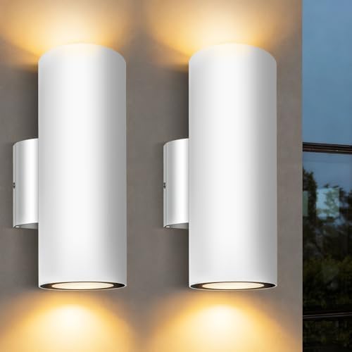 JO.KO Porch Light in 2 Lights, Cylinder Wall Lights 10.24" 2 Pack, Up Down Lights 2700K Warm White, Waterproof Wall Sconce, Aluminum,Exterior Light Fixture Wall Mount, White by JOKO