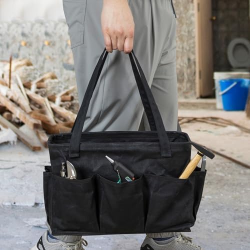 Tool Pouch, Heavy Duty 16oz Waxed Canvas Tool Bag, Rectangle Foldable Open Top Tool Bags with Handles, 10 Pockets | 15.5 x 7.5 x 10.5 Inches - Image 5