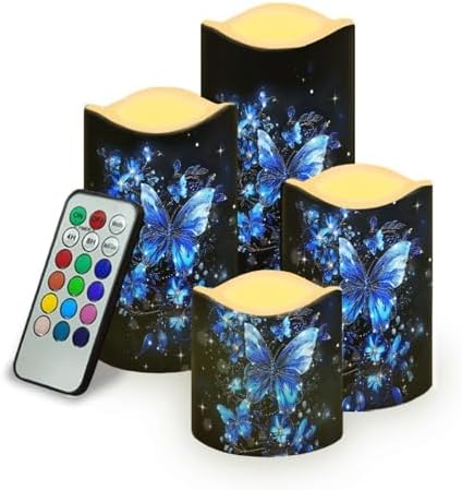 LED Flameless Candles with Remote Set of 4 Butterfly Battery Operated Pillar Candles with Timer Color Changing Electric Candles for Wedding Table Festival Decorations by YUVAMAGIMO