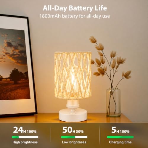 Cordless Outdoor Table Lamps, Small Rattan Boho, Rechargeable Battery Operated for Outdoor Patio, Home, Living Room, Bedroom, Bedside - Set of 2 (Ivory) - Image 6