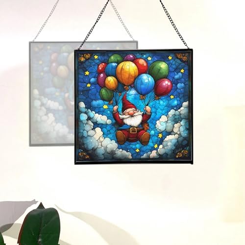 Gnome Balloon Ride Stained Glass Suncatcher – Square Hanging Window Panel for Home or Greenhouse – Whimsical Glass Art Gift for Garden Lovers, Christmas, Halloween, Father Days 7bMllP - Image 4