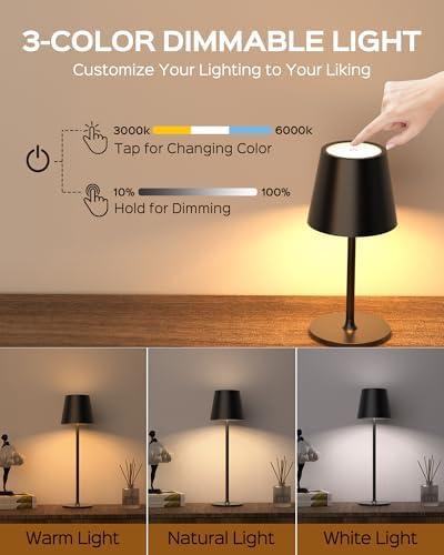 JACKYLED Cordless Table Lamps Rechargeable, 3 Adjustable Height, 5000 Capacity Operated, 3 Colors Smooth Dimming, Portable LED Waterproof Table Lamp for Dining, Bedroom, Outdoor- Black - Image 4